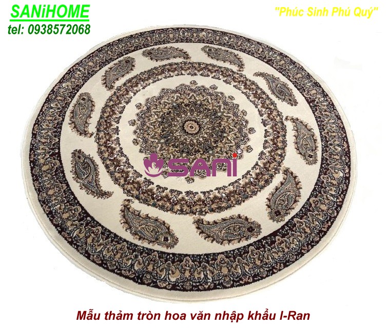 Thảm hình tròn hoa văn sôi nổi, nhập khẩu I-Ran